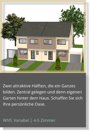 Whfl. Variabel | 4-5 Zimmer Zwei attraktive Hälften, die ein Ganzes bilden. Zentral gelegen und denn eigenen Garten hinter dem Haus. Schaffen Sie sich Ihre persönliche Oase.